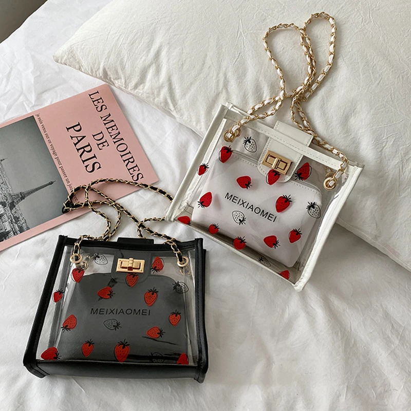 Borsa trasparente alla moda per donna Borsa a tracolla da donna da viaggio trasparente in PVC con borsa Borsa tote ecologica fragola di grande capacità_voghion.com