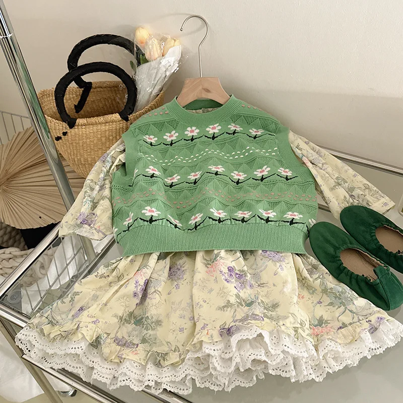 

Children Wear Girls Spring New Green Embroidered Sweater Floral Dress Children Long Skirt Suit Toddler Girl Clothes
