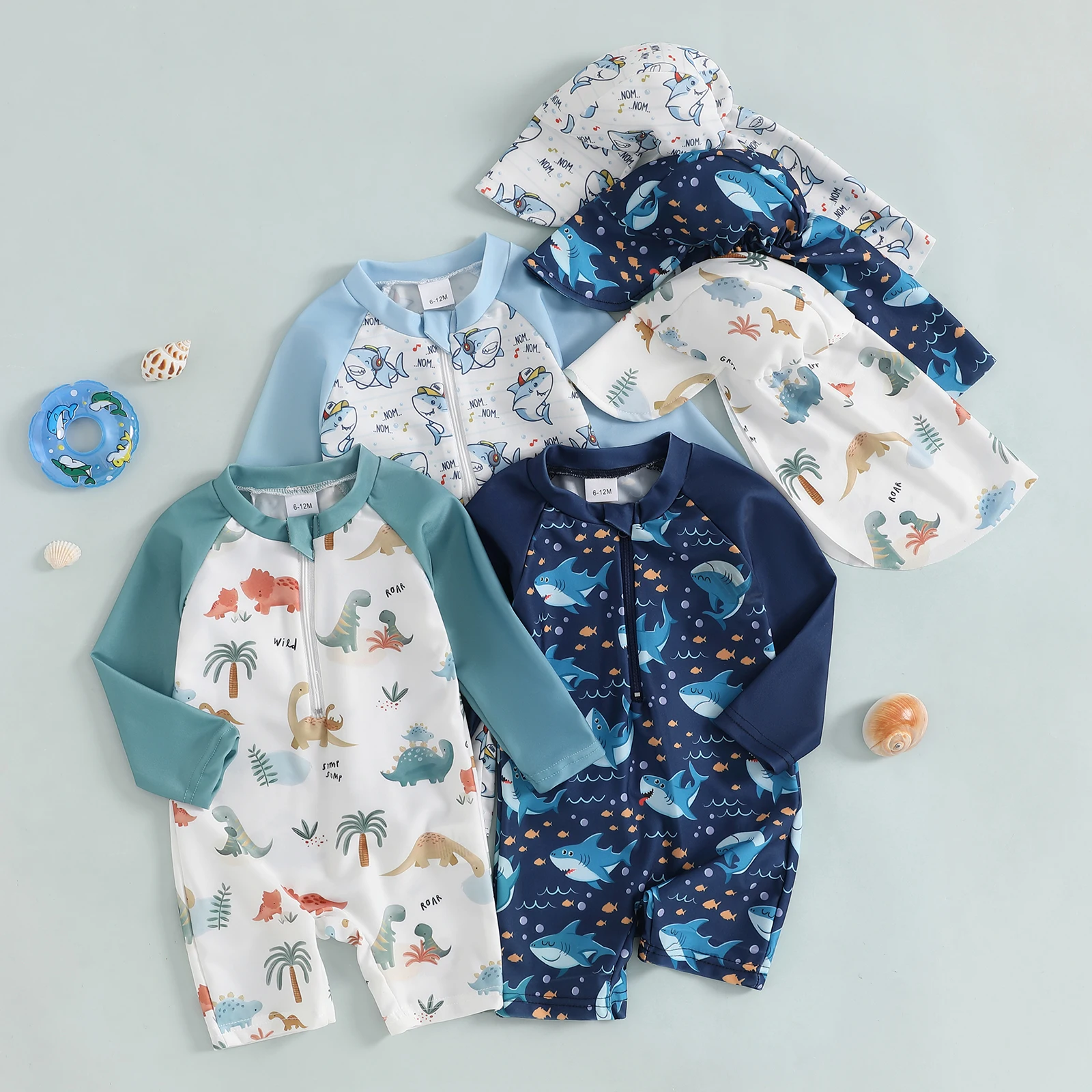 MISOWMNJOY Summer Baby Long Sleeve Swimwear Fashion Toddler Boys Rash Guard Swimsuit Dinosaur Print Zip Beachwar with Swim Cap 2