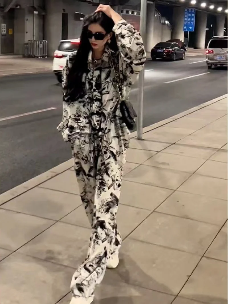 Chinese Style National Style Fashion Suit Women's Vintage Ink Print Button-Up Shirt High Waist Trousers Two-Piece Set