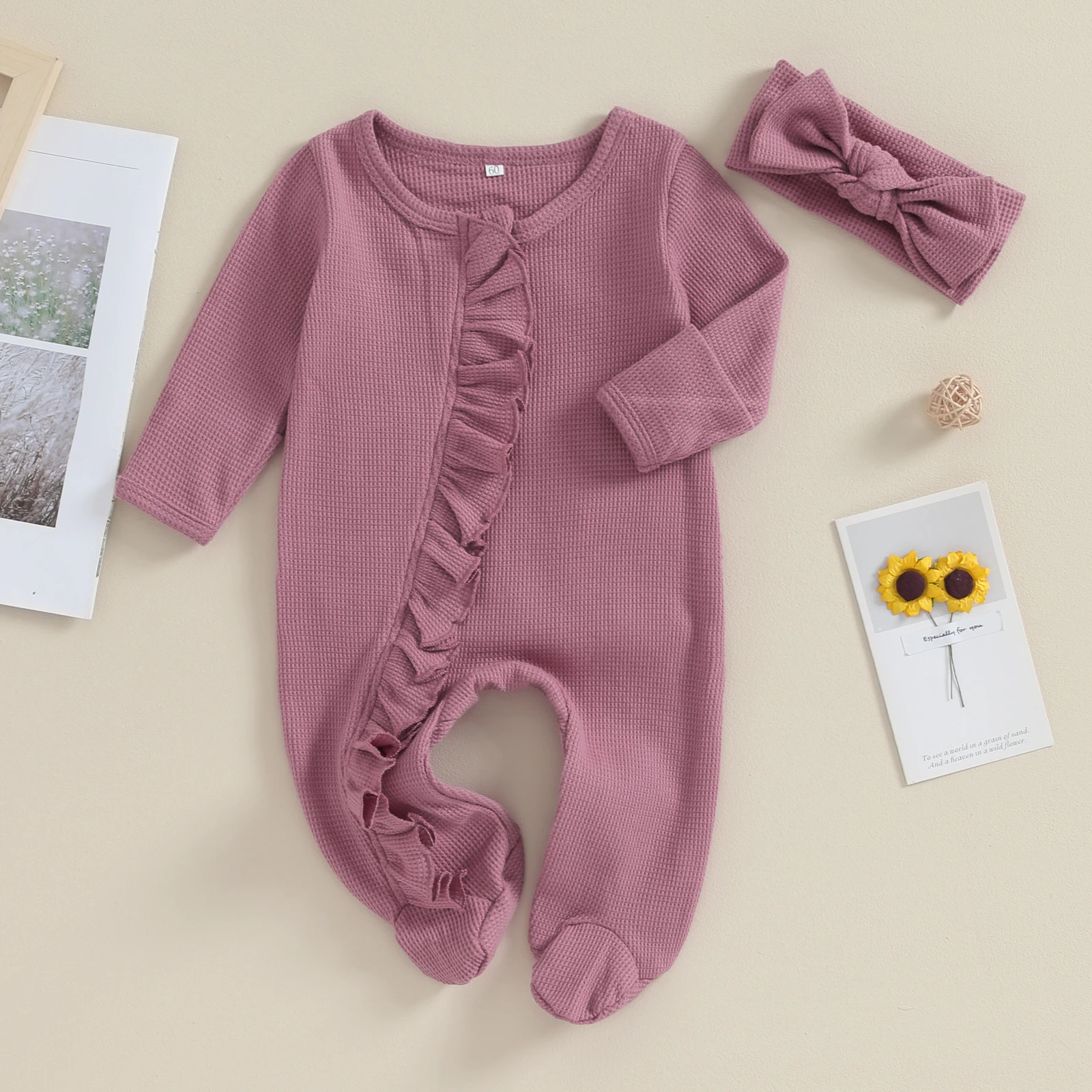0-6M Neonato Footies Tuta con fascia Ragazze Ragazzi Abbigliamento Infantile Tinta unita Manica lunga Volant Pagliaccetto Abiti - immagine 4