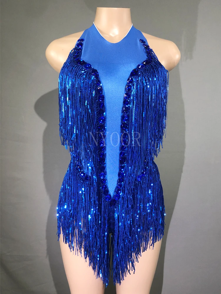 Sparkly Rhinestones Sequins Tassel Leotard Women Nightclub Outfit Singer Dancer Costume Stage Wear Sexy Performance Bodysuit