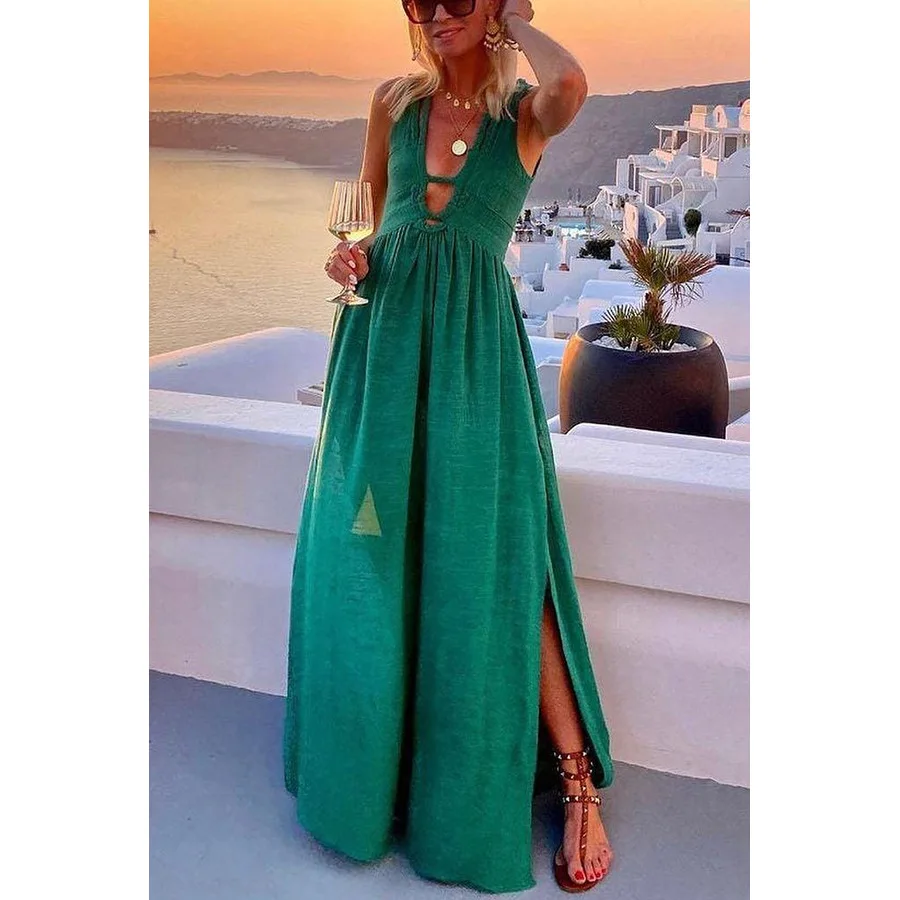 

Women Holiday Beach Slip Dress Bohemian Sleeveless Skinny Hem Side Split Cut-Out Chest Design Sexy Elegant Cocktail Party