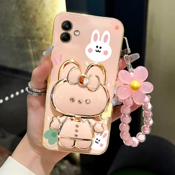 Charming Floral Strap Makeup Mirror Phone Holder Case with Cute Rabbit Design - Perfect for A04 (Pink)