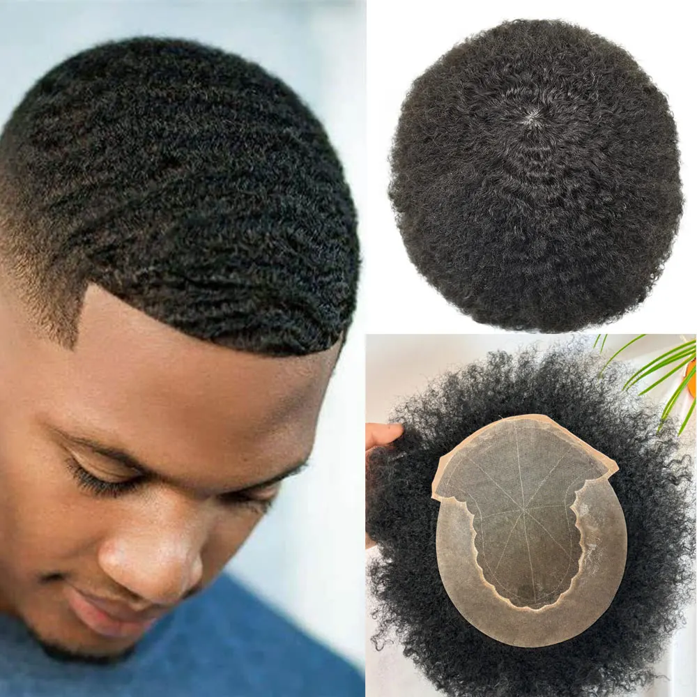Afro Curly Toupee For Black Men 10x8'' African American 6MM Afro
