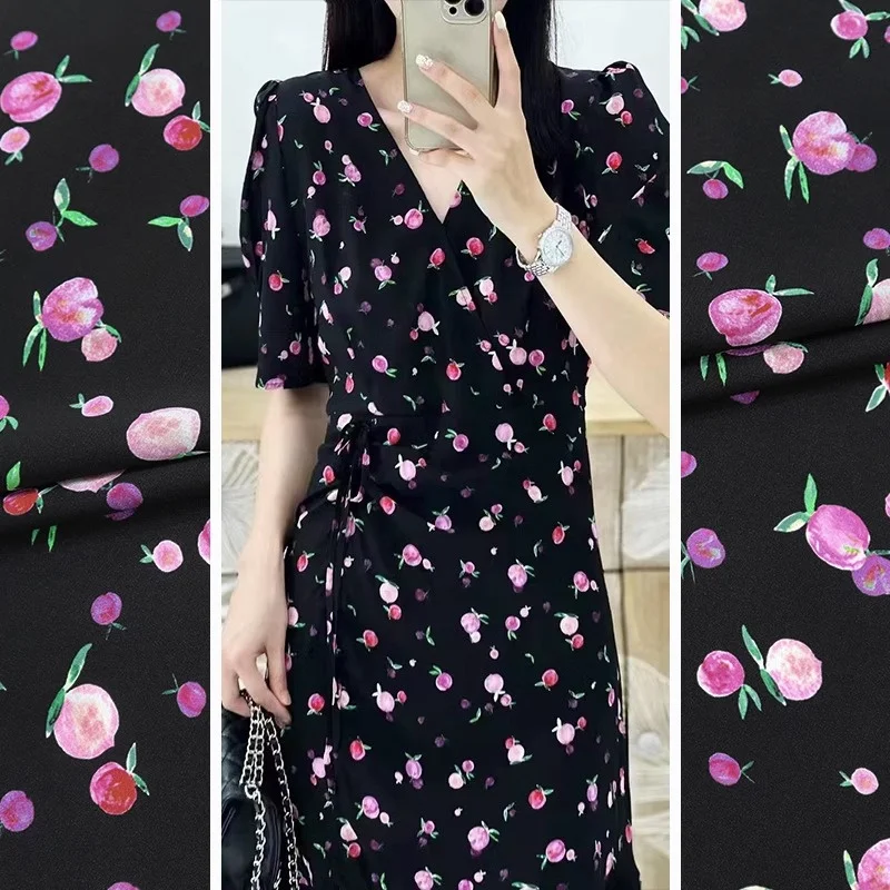 

Black Base Rose Pink Peach Elastic Crepe Fabric Brand Women's Shirt Dress High-end Luxury Silk Fabric Soft Skin Friendly Satin