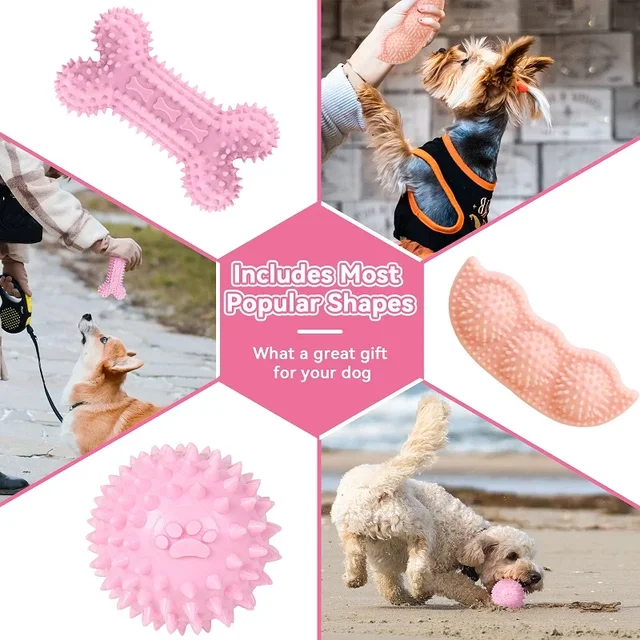 Dog Chew Toys for Cleaning Teeth Pink Soft Rubber Bone Funny Ball Interactive Donut Treat Set for Small Medium Dogs Pet Gifts 4