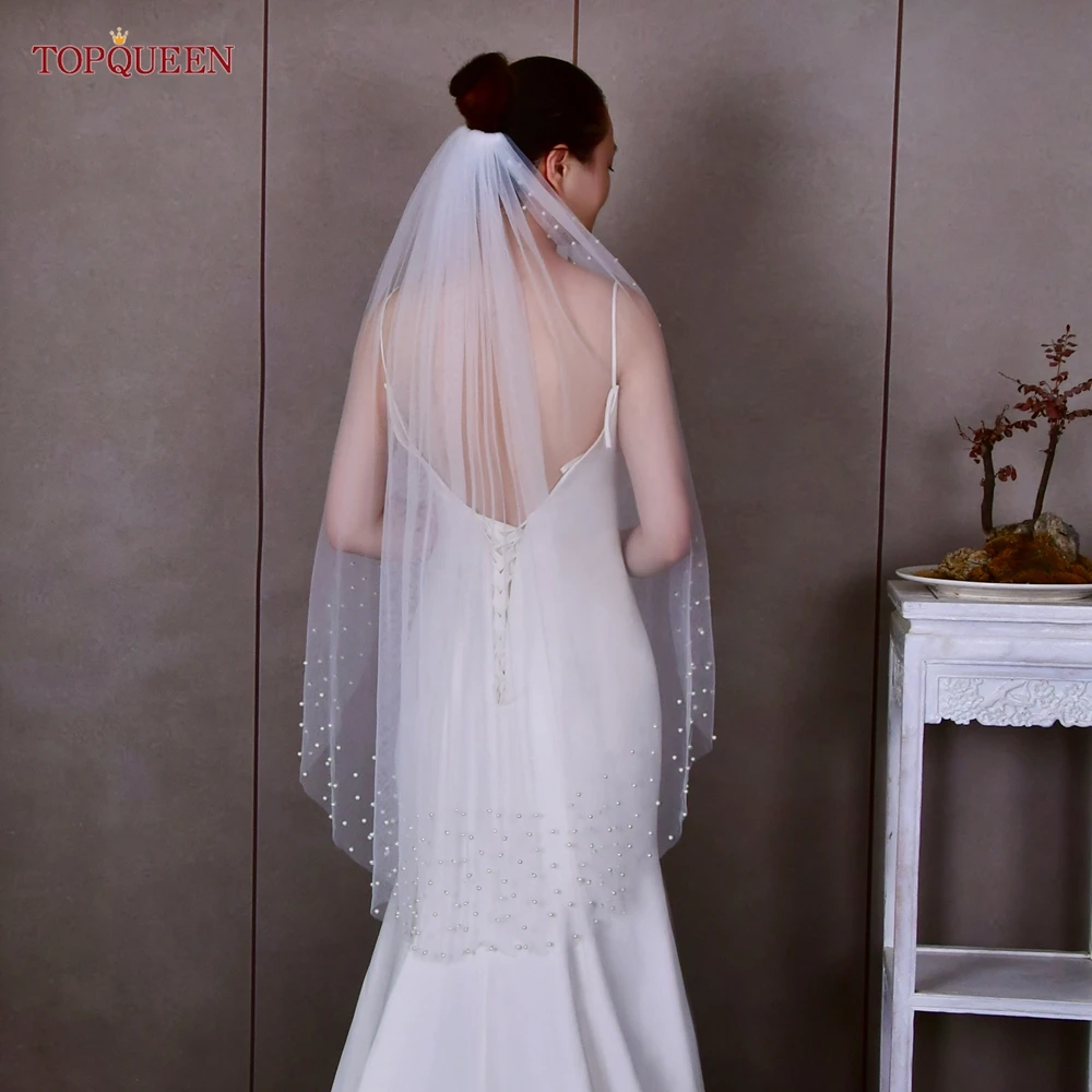 Pearls Wedding Veils with Comb Bridal Veil Type Layer Dramatic 1 Tier Pearl Veil for bridal veil