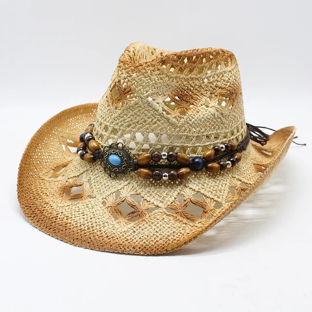 Vintage Straw Cowboy Hat Women Men Handmade Weave Cowboy Hats Woman Summer Sun Hat Sombrero Beach Holiday Sombreros De Mujer 1