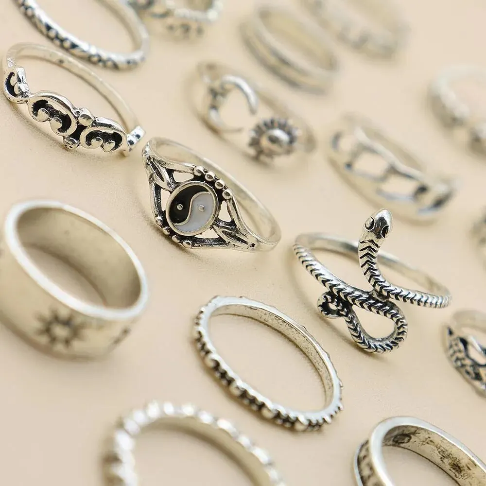 Retro Bagua Sun Moon Snake Leaf Flower Joint Ring Set 16Pcs/set