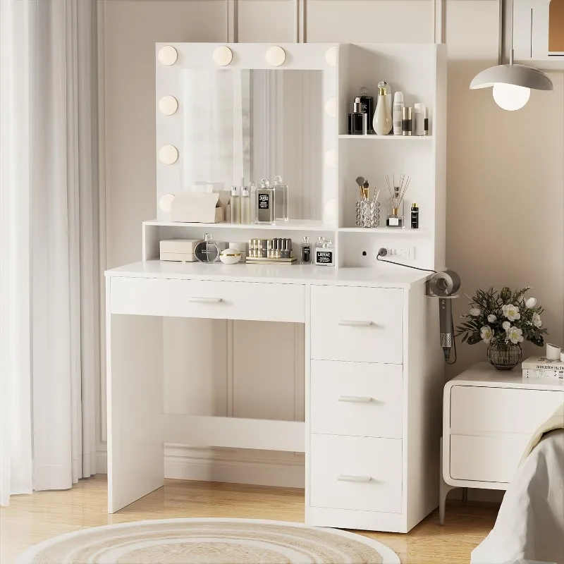 

Vanity Desk with Mirror, Power Outlet and 10 Lights, Makeup Table with 4 Drawers, 3 Color Modes Available