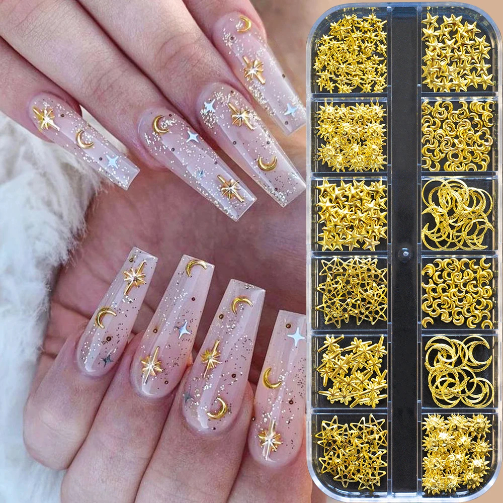 12Grids Moon Star Nails Gold Metallic Nail Sequins Charms 3D Nail Art Tips Decoration  3D Metal Moon Star Sun Bead Rivet Nail Je 2