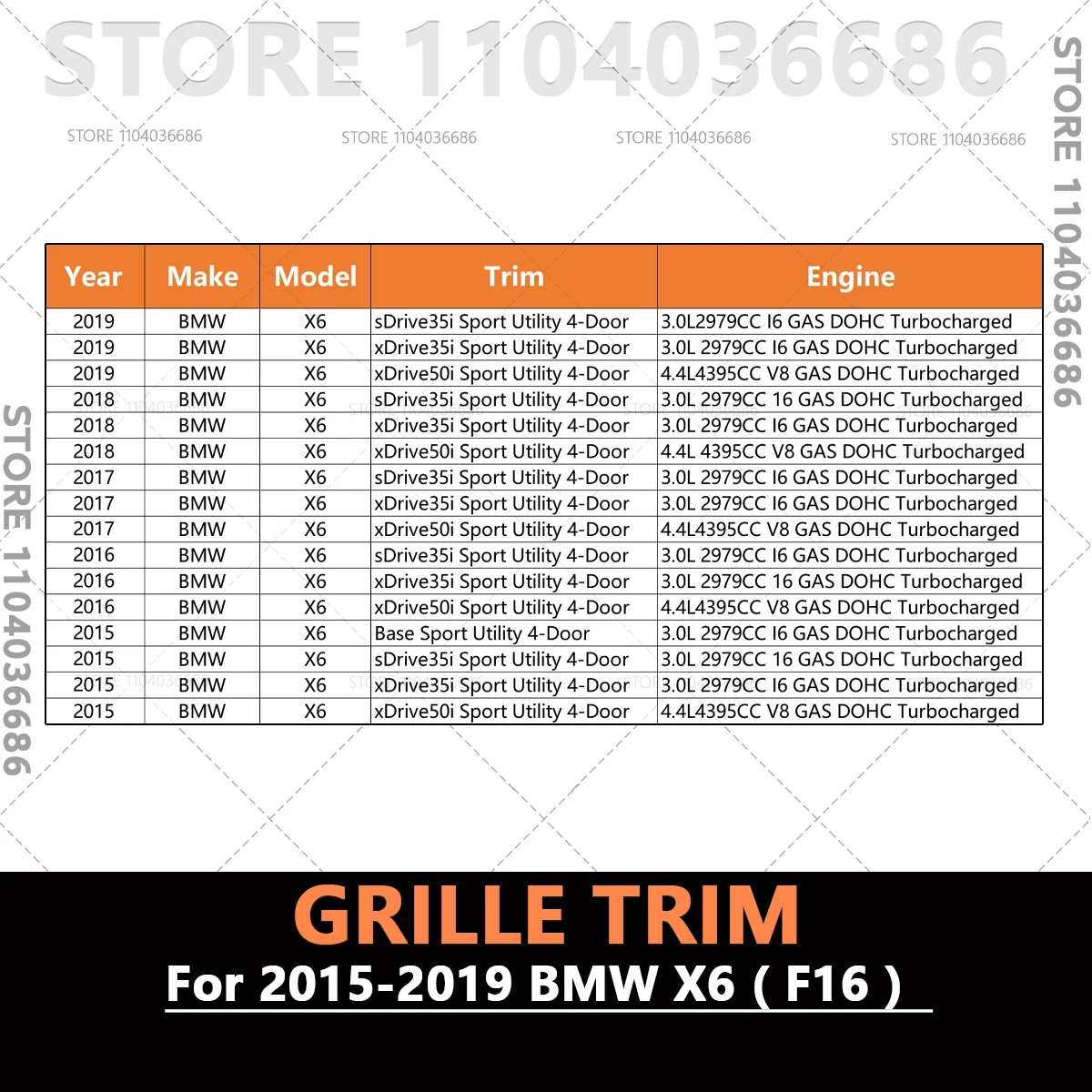 2015-2019 BMW X6 35i 50i (F16) 프론트 범퍼 외부 그릴 사이드 커버 51117319777 51117319778 51117343259 51117343260