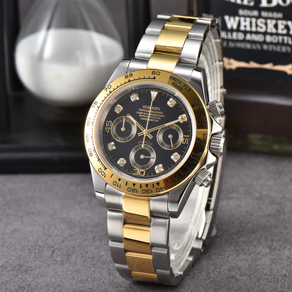 

39mm VK63 Movement Men's Watch Customized logo Panda Three Eye Quartz Watch Sapphire Stainless Steel Waterproof Timing Code