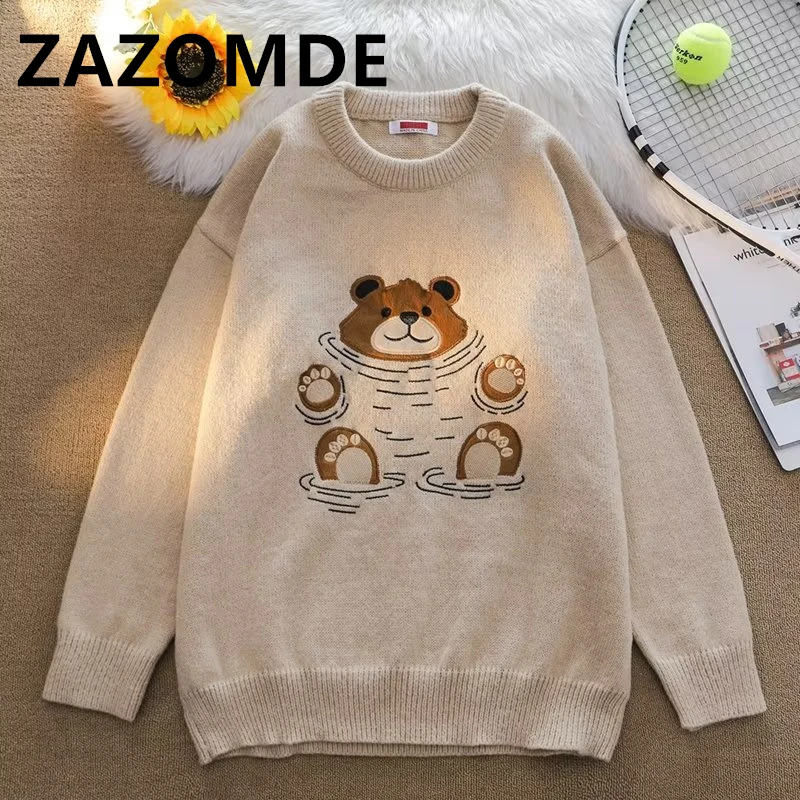 ZAZOMDE Knitted Sweater Men Cartoon Bear Pullover Harajuku Casual O-neck Oversize Top Streetwear Unisex Daily Sweater Jumper