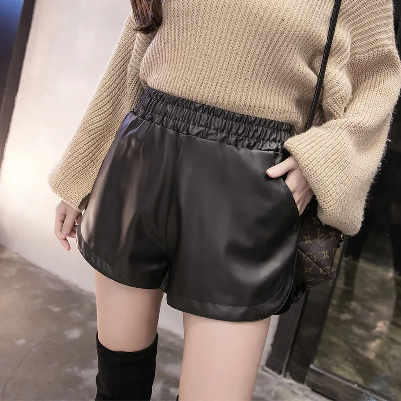 New High Waist Lace Up Shorts Flower Bud Wide Leg Leather Shorts Autumn Winter Korean Loose High Street Black Sexy Women Shorts versace jeans couture Shorts