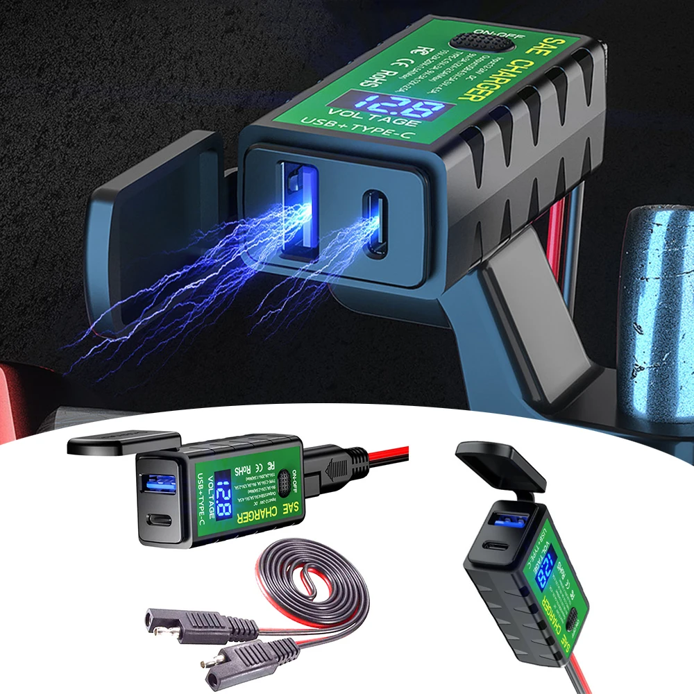 

Зарядное устройство для мотоцикла, водонепроницаемый адаптер SAE к USB, 12-24 В, зарядное устройство QC3.0 с вольтметром, Тип C, адаптер для быстрой зарядки, розетка питания