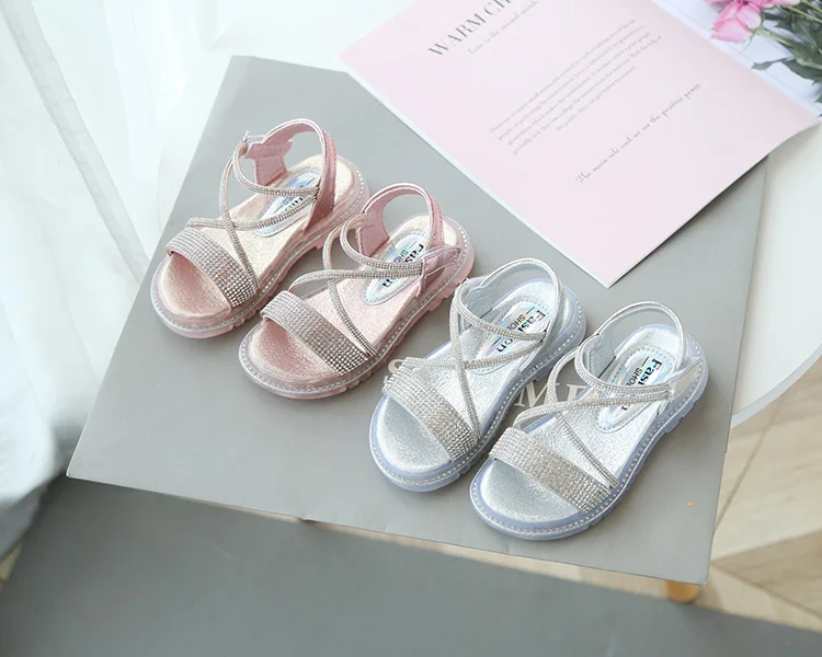 extra wide children's shoes 2021 Summer Girls Shoes Bling Sandals Kids Beach Shoes Cross-tied Children Sandal Crystal Princess Shoes Silver Baby Toddlers extra wide children's shoes