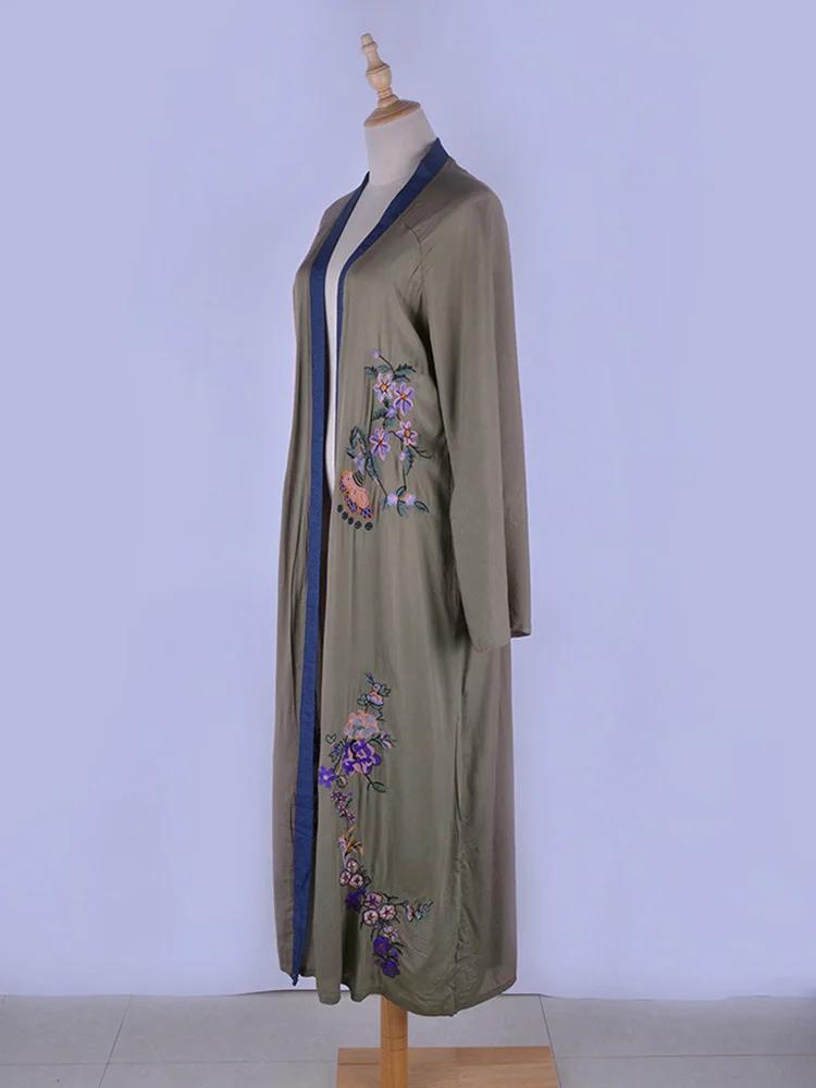 Fitshinling Flowers Embroidery Beach Kimono Holiday Army Green Vintage Swimwear Cover-Ups Long Sleeve Autumn Outer Cover beach cover swimsuit cover beach dress