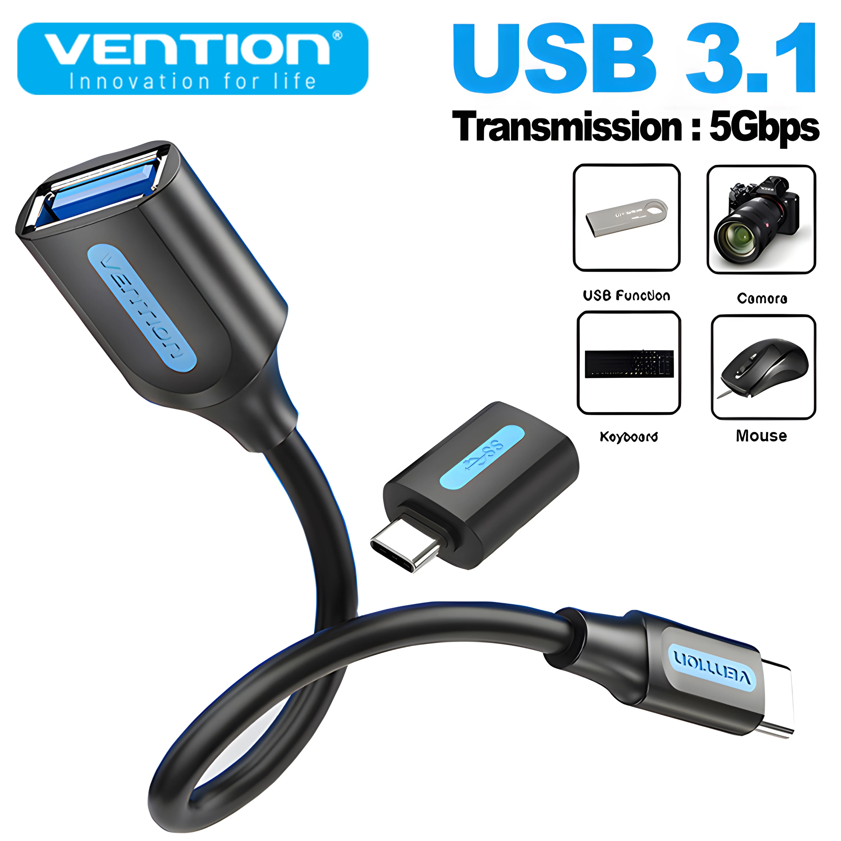 OTG Adapter Vention OTG USB Type C 3.1 3.0 5GB Transfer Adapter to USB A Female Data Reader Converter for Samsung iPhone 15 MacBook Laptop