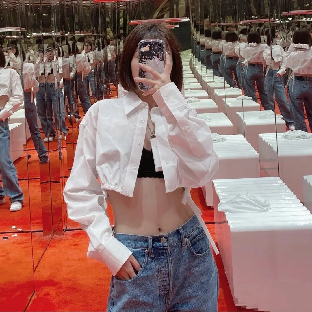 

Fashion Classic Trendy Luxury Designer Summer New Slim Sexy Standing Neck Short Long Sleeve Shirt Top Female