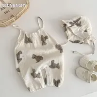 2023 New In Summer Infant Newborn Girls Boys Sleeveless Cartoon Bear Print Outfits Overalls Kids Baby Jumpsuits Romper+HAT 1
