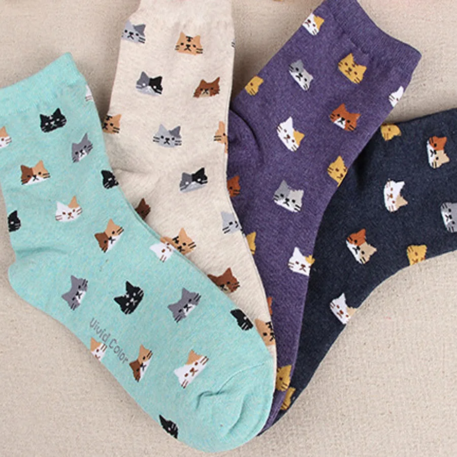 Cartoon Animal Cat Print Cute Women's Socks Japanese Style Kawaii Long Socks Casual Harajuku Streetwear Cotton Soft Crew Socks