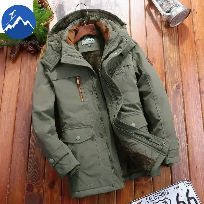 COMXZ Windbreaker Fleece Jacket Thick Warm Cold Proof Travel Ski Retro Hooded Quilted Jacket Men's Trendy High Quality Overcoats