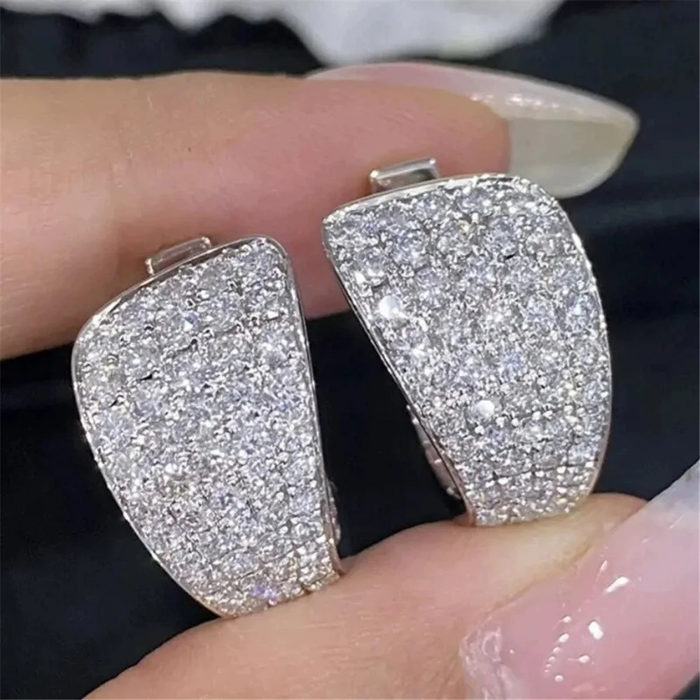 Female Cute White Round Zircon Stone Hoop Earrings Vintage Fashion Silver Color Wedding Jewelry For Women