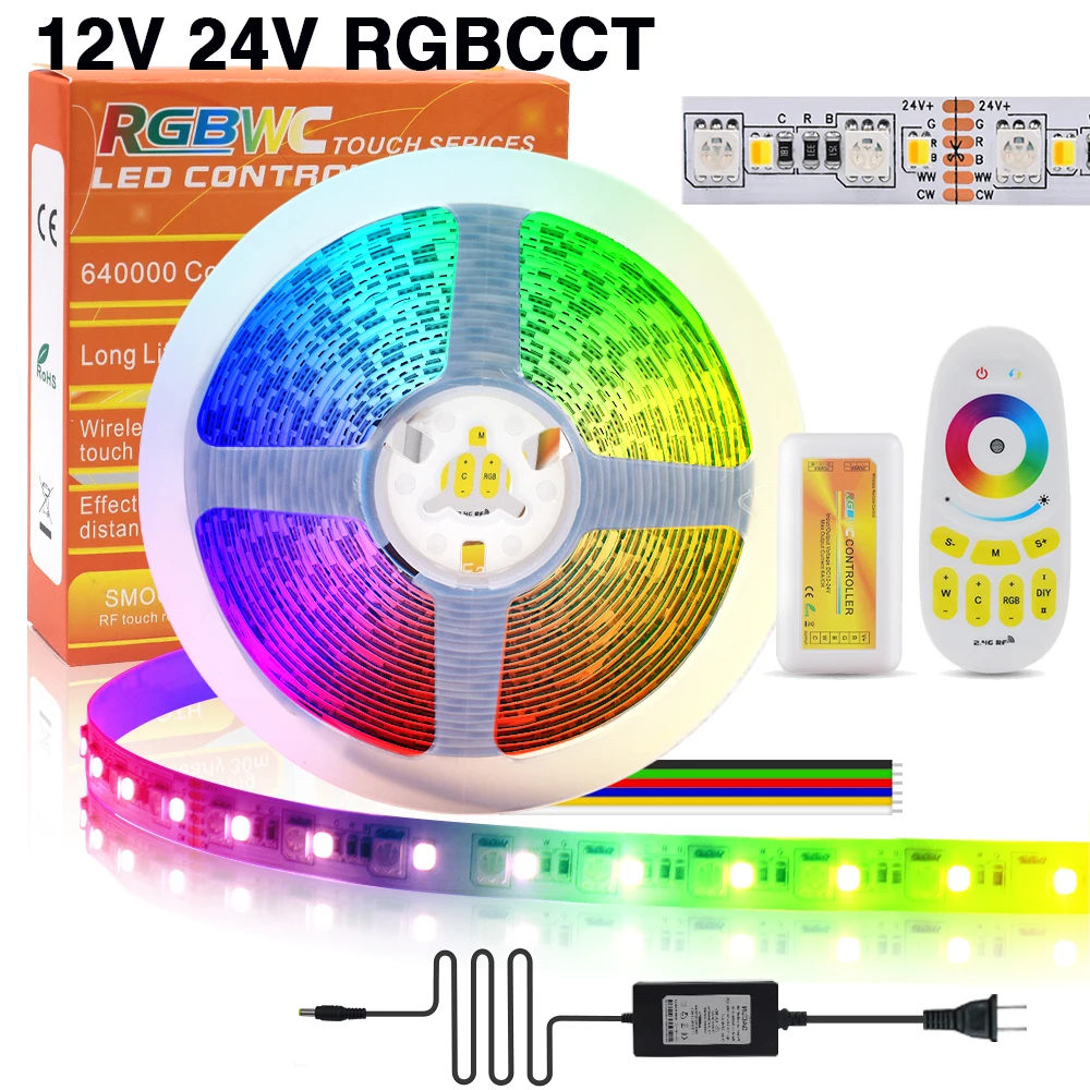 

DC 12V 24V RGB CCT LED Strip With Remote EU US UK AU Set 120Leds/M SMD 5050 2835 Flexible Ribbon Tape Rope Light Lamp