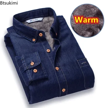 Alternative view of New 2024 Autumn Winter Warm Denim Jeans Dress Shirt Men Fleece Lined Velvet Shirts Button Down Brand Male Bottoming Men's Shirt