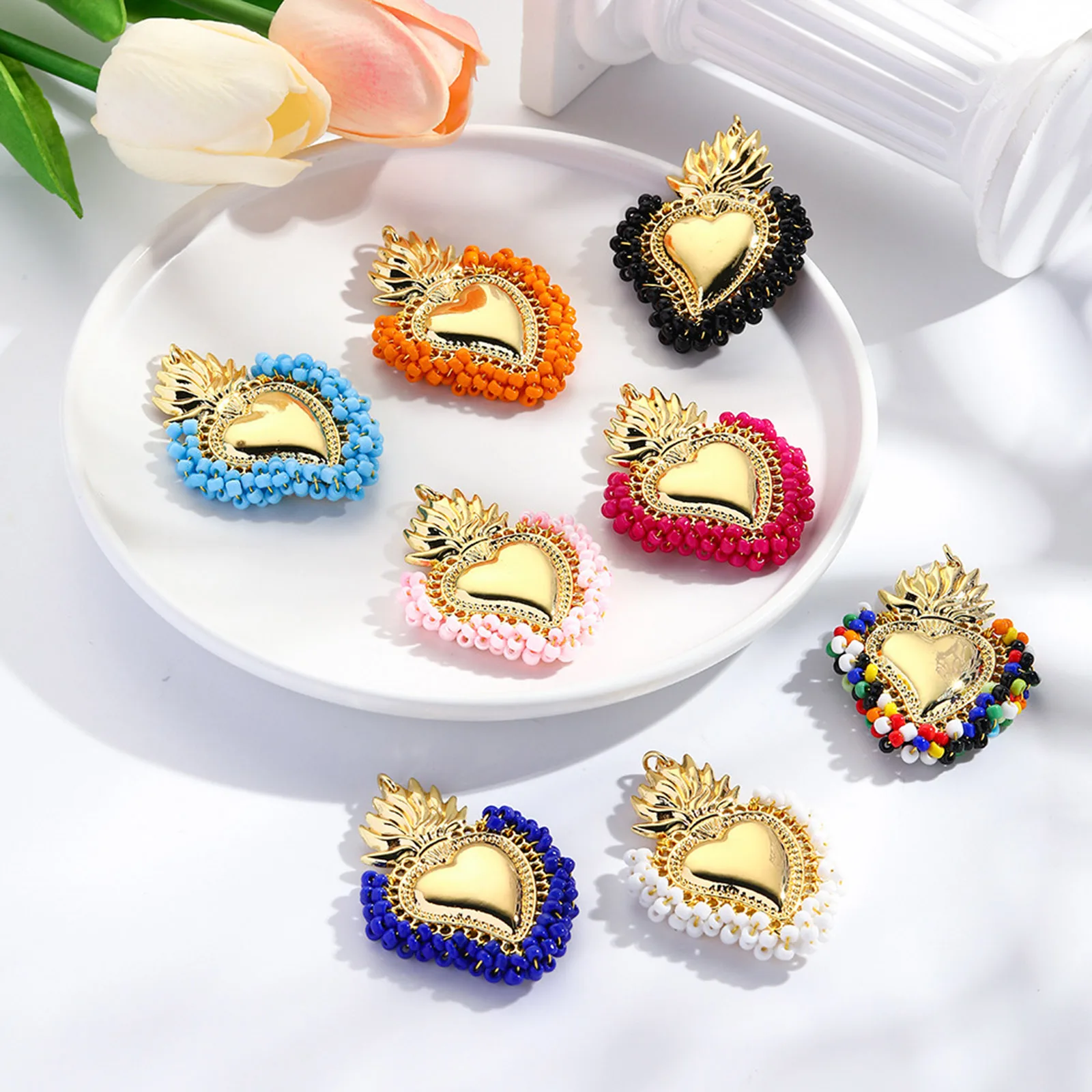 

1pc Religious Pendants Multicolor Ex Voto Heart Beaded Gold Color Charms DIY Necklace Bracelet Women Jewelry Findings 5.5cmx4cm