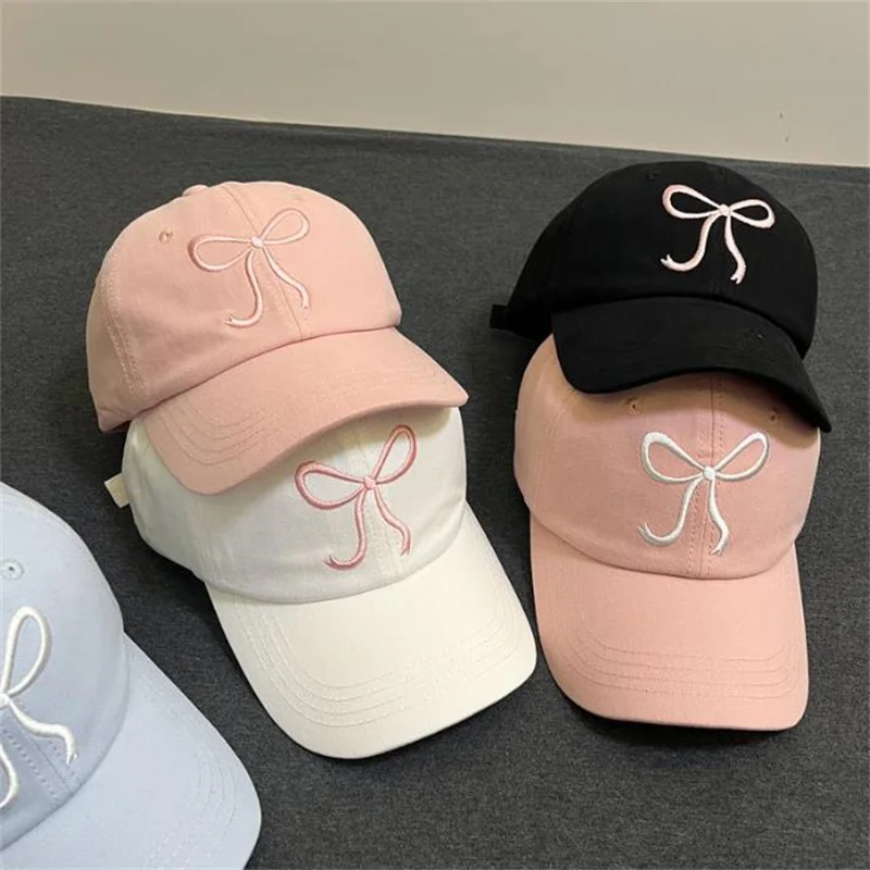 Sweet Bowknot Embroidery Womens Baseball Hat Solid Color Korean Girl Peaked Cap Outdoor Soft Cotton Snapback Sun Visors Hat