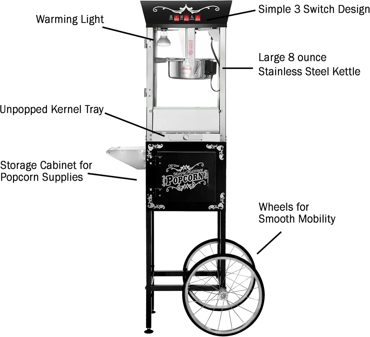 Popcorn Machine with Cart-8oz Popper with Stainless-Steel Kettle, Warming Light, and Accessories (Black)