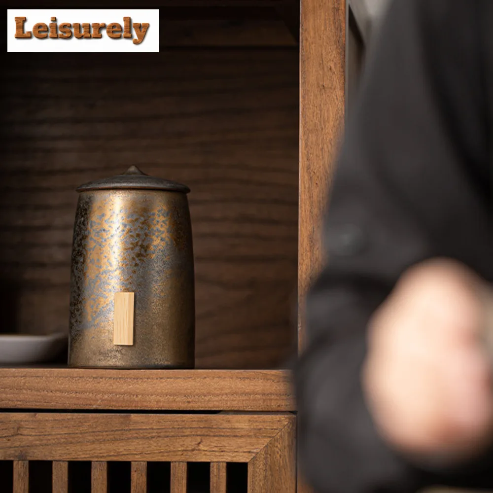 Retro Gilded Iron Glazed  Tea Box Organizer Bamboo Hat Moisture-proof Storage Tank Containers Tea Caddy Chinese Tea Set Craft