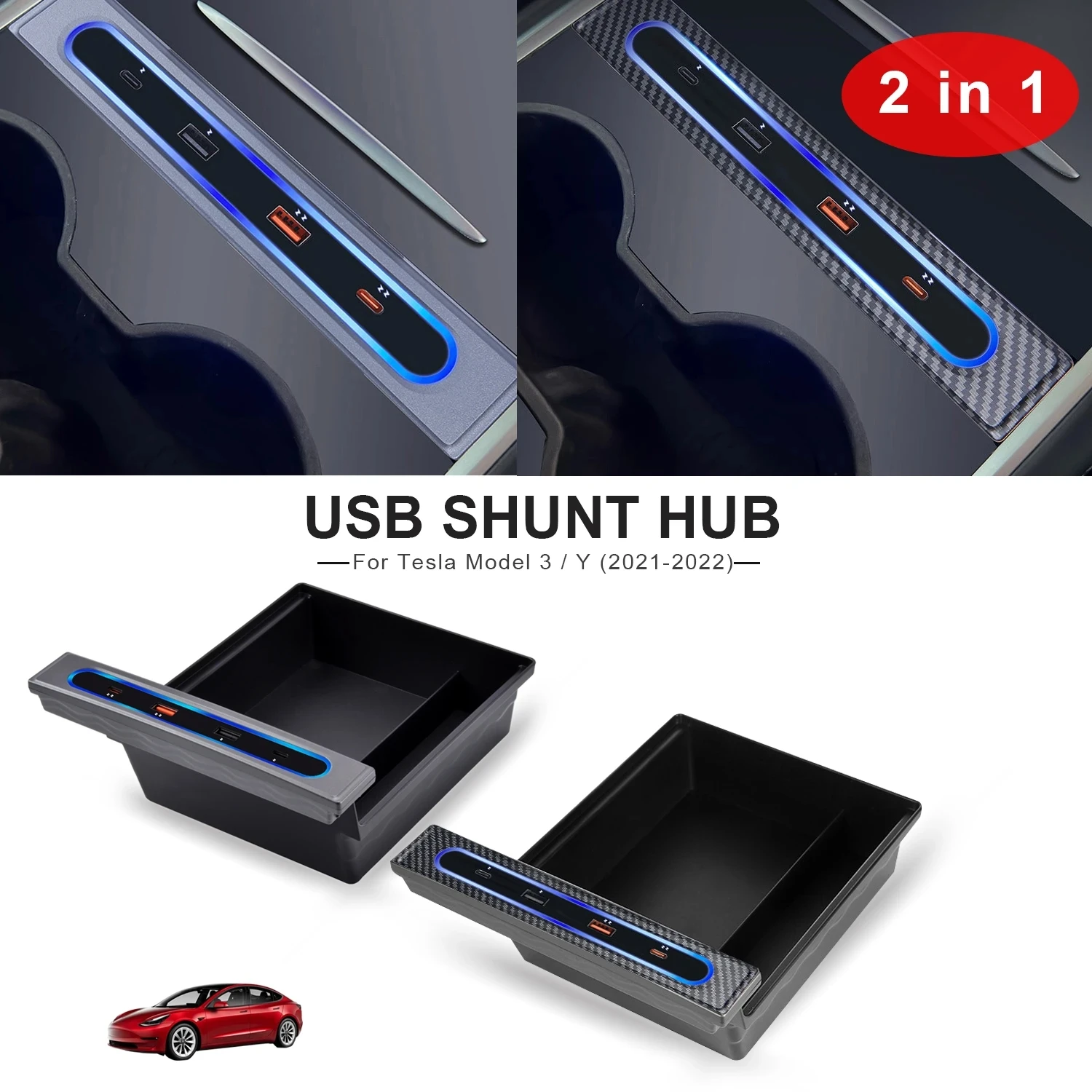 

For Tesla Model 3 Y 21-22 27W Quick Charger Docking Station USB LED Shunt Hub Extension With Center Console Armrest Storage Box