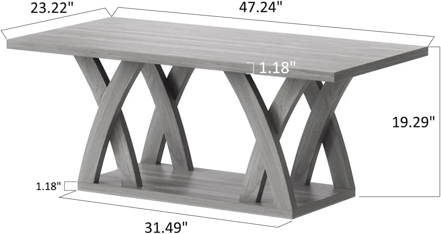 Coffee Table with Shelf, Wood Coffee Table for Living Room, Open Display Area,47” Grey 2