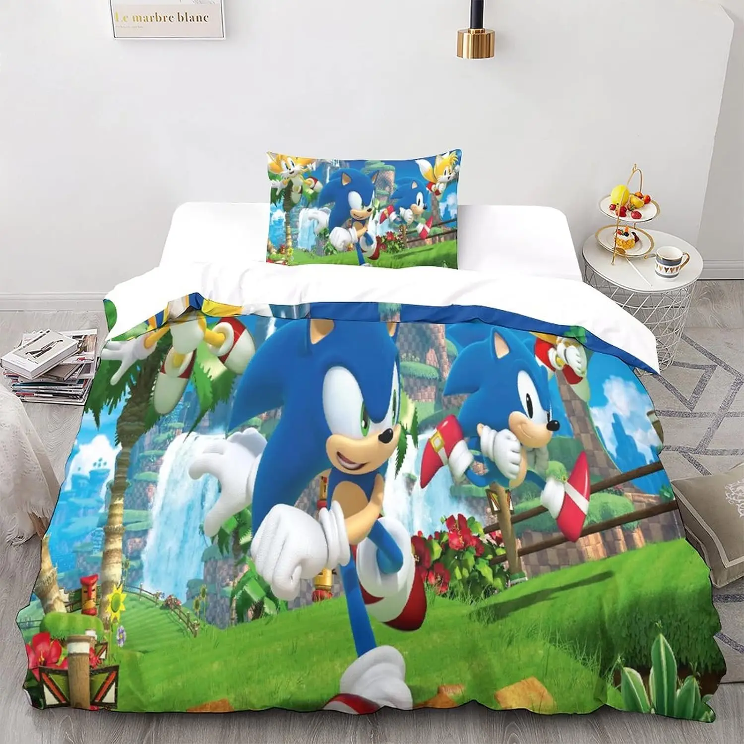 thumbnail image 1 of Funda nórdica con estampado de animación 3D de Sonic para niños, niñas y adolescentes, microfibra animada con cremallera y fundas de almohada, 1 of 5