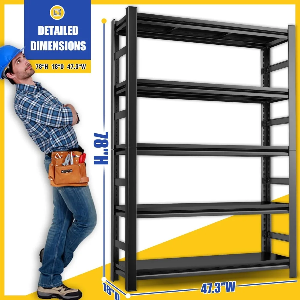 78" H Garage Shelving,3000LBS Heavy Duty Garage Storage Shelves,Adjustable 5 Tier Metal Shelving Unit 3