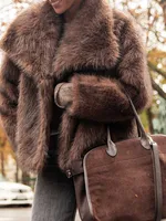 Women's Brown Long Sleeved Buttons Faux Fur Coat Winter Thick Warm Fury Turn-down Jacket Female High Street Outerwear 2024 2