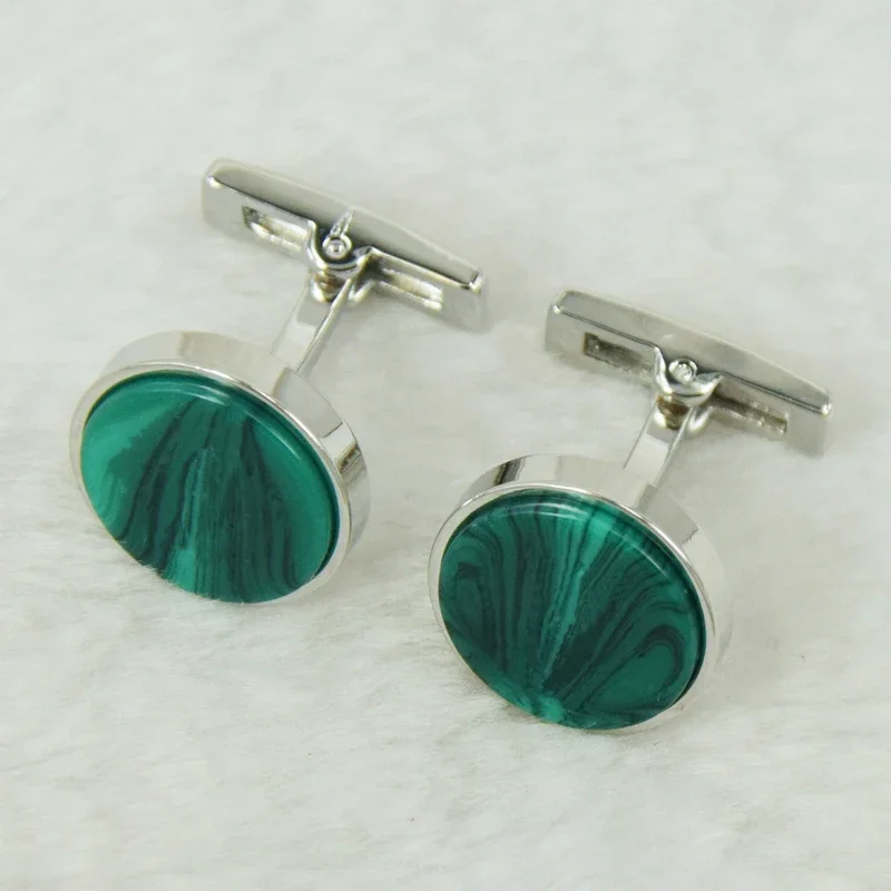 Luxury High Quality CT Round Green White Gemstone Cuff Links Detail Business Suit Shirts CuffLinks Classic Buttons Box Set