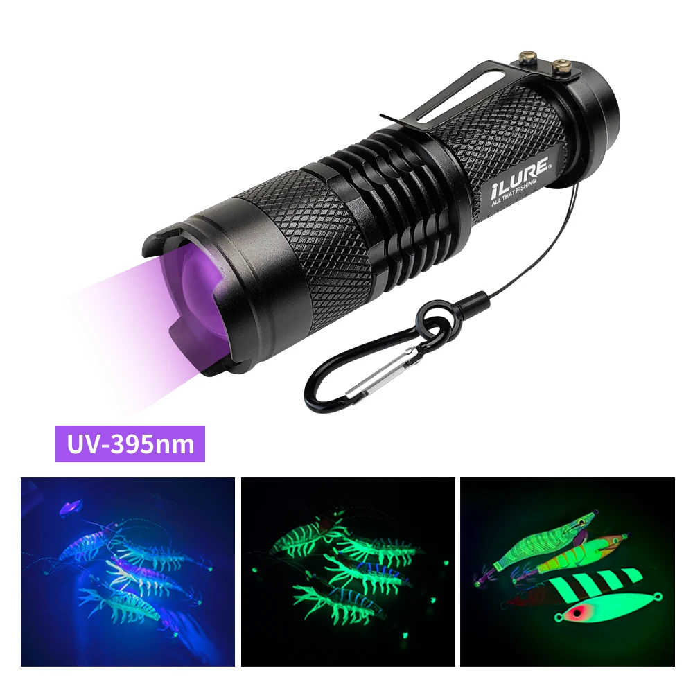 Lampe UV 395nm zoomable pour leurres de pêche et appâts fluorescents pour carnassiers