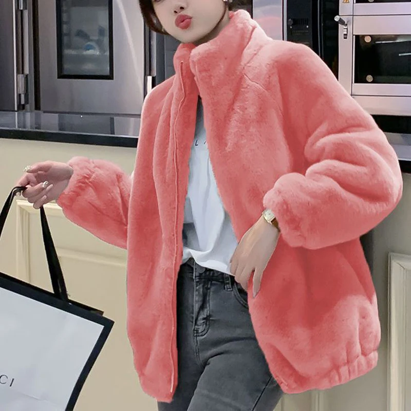 Casual Stand Collar Winter Jacket Women Solid Faux Fur Coat Oversized Vintage Zipper Plush Thick Cardigans Outwear Plus Size