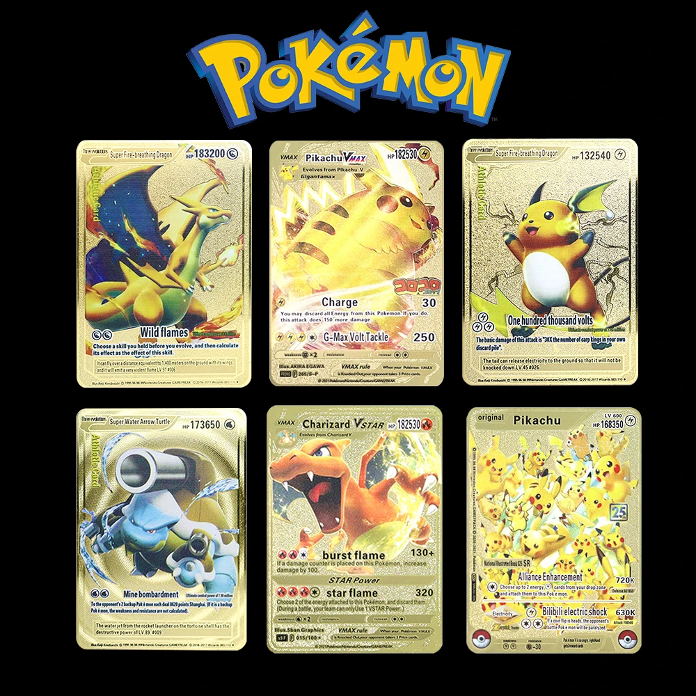 

Hot 132540 HP Pokemon Anime Raichu Zacian Gold English Game Cards Metal Vmax Mega GX Game Collection Cards Toy Kids Holiday Gift
