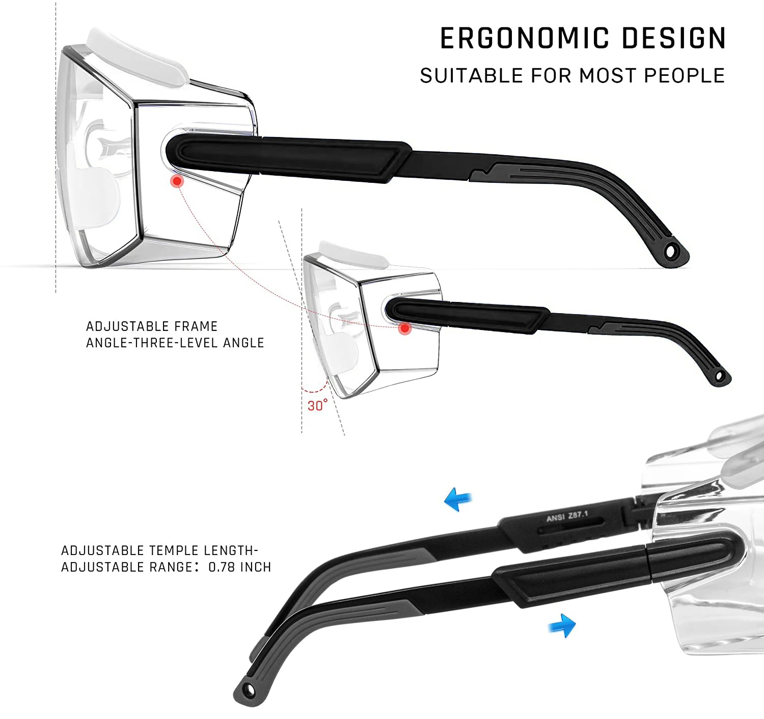 Lunettes de protection anti-buée et anti-rayures à porter sur vos lunettes de vue, portées par une personne de profil.
