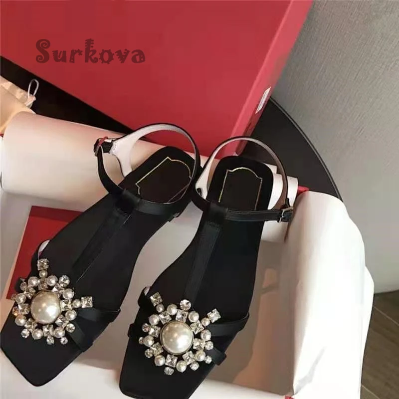 

Summer Square Toe Flat Satin Sandals Girls Fancy Slippers Rhinestone Buckle String Bead T-Strap Fashion Fairy Style Rome Sandals