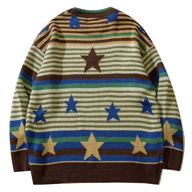 

Винтажный полосатый свитер QIWN, мужские вязаные свитера оверсайз со звездами, уличная одежда для осени и зимы, парные пуловеры унисекс