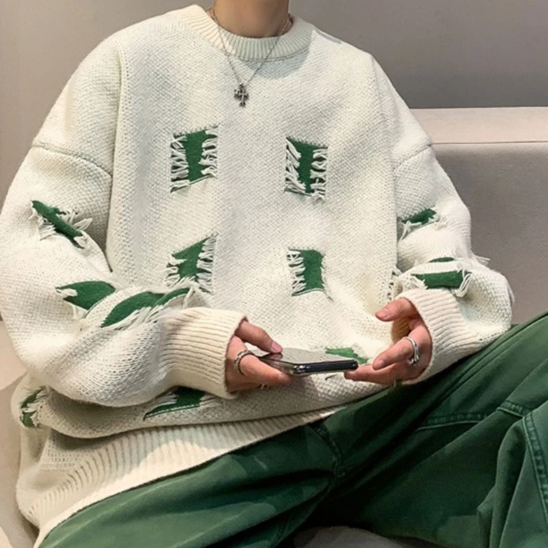 남성용 루즈한 뜨게 풀오버, 캐주얼 데일리, 따뜻한 O넥, 닳은 십대, 일본 스타일, 커플 패션, 하이 스트리트, 가을, 겨울