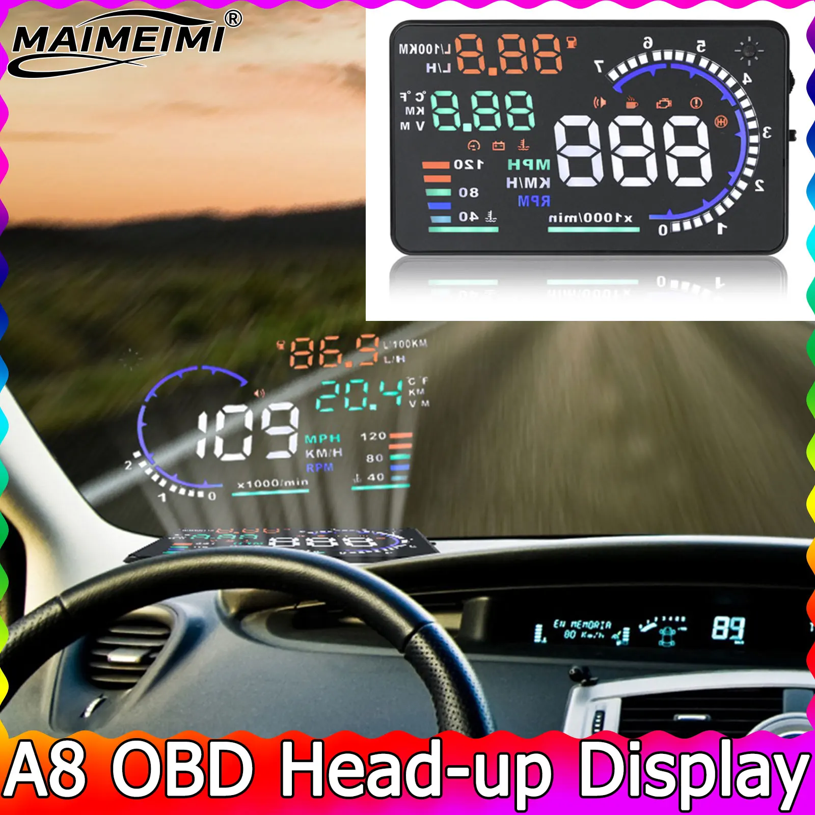 윈드실드 프로젝터 속도계 A8 OBD2 EOBD HUD 차량 헤드업 디스플레이 LED 수온 RPM 미터 속도 전압 알람 ...