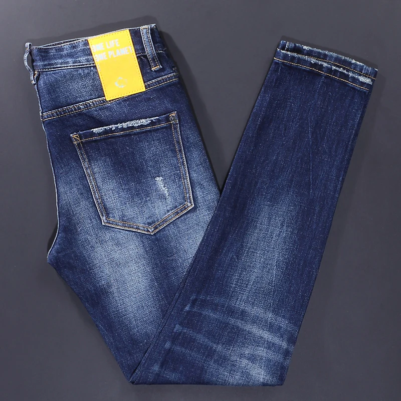 Italian Style Fashion Men Jeans High Quality Retro Blue Elastic Slim Fit Ripped Jeans Men Brand Designer Vintage Pants Hombre